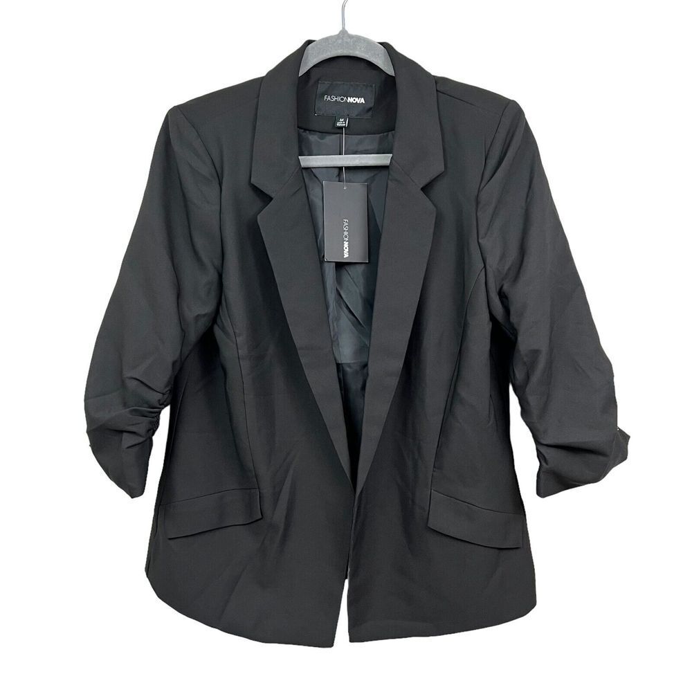 Fashion Nova Womens Blazer Hailey 3/4 Ruched Sleeves Lined Flap Pockets Black M*